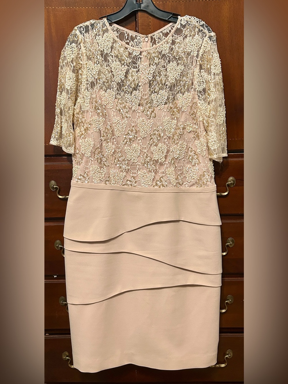 Teri Jon Beige Lace Long Sleeve Dress